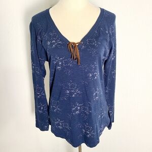 Chaps Navy Floral Print Brown Lace-Up Long Sleeve Top, Size Large